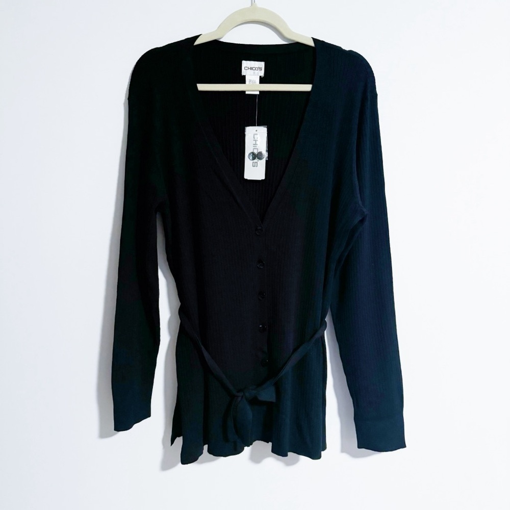 Chicos - Black Ribbed Tie Waist Cardigan